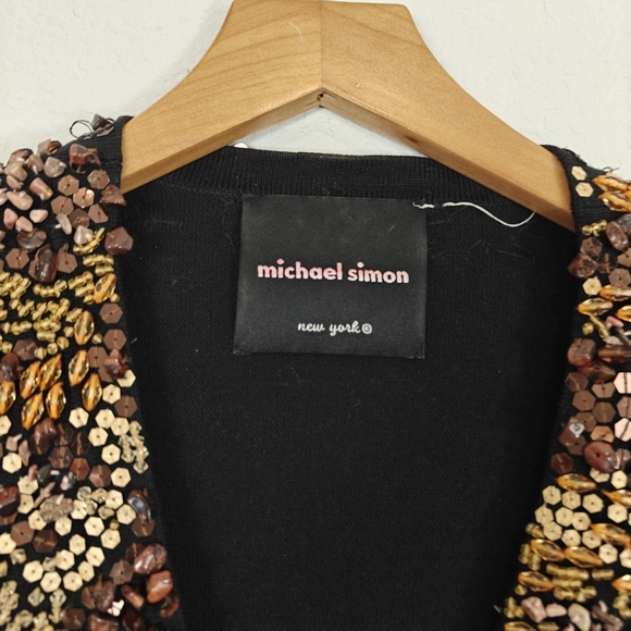 Michael Simon Black Sweater Cartigan Brown beaded V-neck 3/4 Sleeve Silk Blend S - Picture 5 of 12